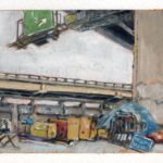IH 35 at the Upper/Lower Split, gouache on paper, 3 by 4 inches, 2024