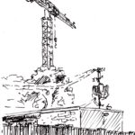 Crane Near 15th Street and Guadalupe, ink on paper 2024