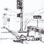 Man Resting With Legs In Street Under IH-35, ink on paper 2024