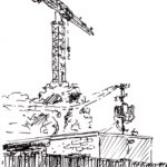 Crane Near 15th Street and Guadalupe, ink on paper, 2024