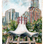 People Changing Clothes in Gazebo South Shore of Town Lake, 2025 gouache on paper, 3 by 4 inches