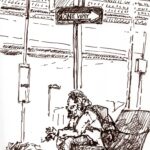 Bus Stop Outside Dan's Hamburgers, One Way, ink on paper, 2025