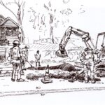 Men Watching Men Digging a Hole in the Street, 7th and San Marcos, ink on paper, 2025