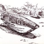 Ink on paper drawing of abandoned boat filled with debris, tilted on dirt lot with trees sketched in background.