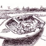 Ink on paper drawing of abandoned boat in a dirt lot, filled with debris, with trees and buildings in background.