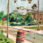 Gouache on paper of urban street scene with hanging traffic lights, red‑and‑white striped traffic barrel on sidewalk, leafy trees behind, and buildings partially visible through greenery.