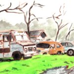 Gouache on paper of parked vehicles, including van marked “DISCOUNT CIGARETTES,” with trees and a house in background.