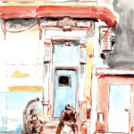 Gouache on paper of an urban doorway scene, with two figures seated on the stone steps of a blue‑doored building framed by columns and a red awning. One leans forward in quiet pause, the other reclines slightly, both set against the crisp geometry of the façade. A second doorway sits to the right, adding balance to the composition and anchoring the sense of lived‑in city space.