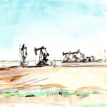 Gouache on paper of wide oil field with scattered pumpjacks under clear blue sky, spanning flat, open landscape.