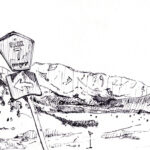 Ink on paper of mountain landscape with “PARK COUNTY 7” sign above left‑arrow sign, utility pole, and wires in foreground.