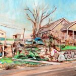Gouache on paper of light tan house on hill with porch, graffiti stone wall, a blue tent, and a makeshift camp to the left, leafless tree, and utility poles under soft sky