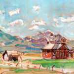 Gouache on paper of red building with bell tower, white barns, green fields, and snow‑capped mountains under blue sky