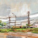 Gouache on paper of roadside truck repair shop with bus, barrels, utility poles, and cloudy sky above and a makeshift camp under a tree on the left