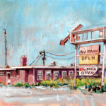 Gouache on paper of roadside RV park with flat‑roof building, and a broken down sign in front with an arrow pointing down to the left that says “RV PARK OPEN”, power lines, and soft blue sky.