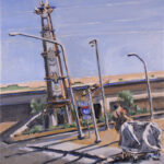 Oil on canvas of roadside scene with I‑40 sign, tall modernist totem pole-like tower structure, overpass, and figure pushing a covered cart
