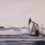 Oil on canvas of pumpjack in barren landscape under gray sky amidst a dust storm, dark machinery contrasting muted ground and horizon.