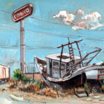 Gouache painting of grounded fishing boat near Conoco sign, dry grass, semi truck, and power lines under blue sky.