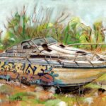 Gouache on paper of abandoned boat with graffiti in grassy field, surrounded by trees under bright sky.