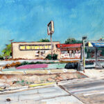 Gouache painting (6x9 inches, 2025) depicts a sunny South Austin scene on Oltorf Street near former Panchos Mexican Buffet site: beige strip mall with husk of missing lighted sign panels (appearing yellow), red roof awning, tall empty sign frame, blue bus shelter, utility poles, trees, landscaped beds, and empty parking lot.