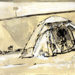 Loose black and white ink on yellow orange toned paper depicting a person standing in the darkness of a tent under an overpass with a faint view of the highway and a light tower in the background