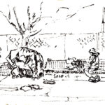 Black and white ink drawing on white paper of a person sitting near belongings in covered shopping carts on the side of road.