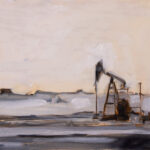 Oil on canvas of pumpjack in barren landscape under gray sky amidst a dust storm, dark machinery contrasting muted ground and horizon.