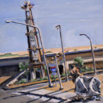 Oil on canvas of roadside scene with I‑40 sign, tall modernist totem pole-like tower structure, overpass, and figure pushing a covered cart