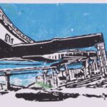Green, blue, and black linocut print featuring a wide panoramic view of overlapping elevated highway overpasses and road signs and people and a shopping cart on the right.