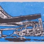 Blue and black linocut print featuring a wide panoramic view of overlapping elevated highway overpasses and road signs and people and a shopping cart on the right.