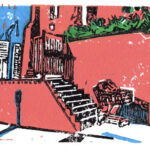 Blue, black, orange, and green linocut print featuring a cart at the base of architectural stone steps.