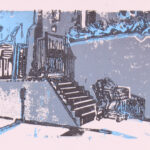 Blue, black, and grey linocut print featuring a cart at the base of architectural stone steps.
