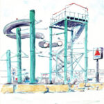 Gouache watercolor painting of a disused water slide structure with teal support columns, purple flumes, and loose line work.