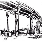 Linocut in black and white on paper of an overpass with an abandoned building below.