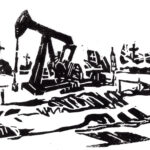 Linocut in black and white ink on paper with a pumpjack and crosses that could be churches, tombstones, or telephone poles in the background.